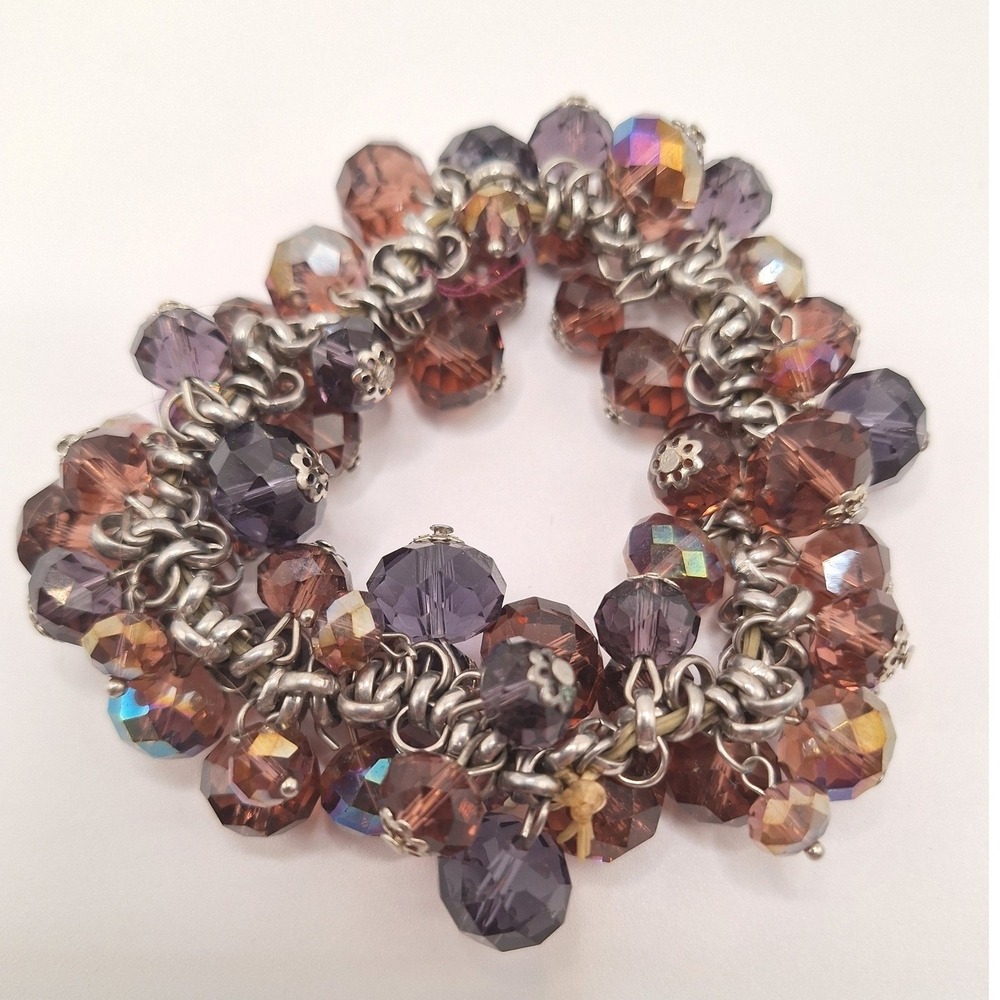Vintage cha cha bracelet stretch purple amber topaz AB beads Mid Century tone